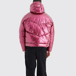 Custom Men's Shiny Pink Long Stand Hooded Puffer Jacket <b>Winter</b> Streetwear Waterproof Windproof Thick Cotton Filling Zipper - Product Image 6
