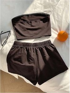 Ensemble décontracté deux pièces sans bretelles pour femme en polyester/coton, tissu tricoté respirant, haut court et pantalon large, été - Product Image 5
