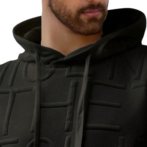 Sudadera con Capucha Negra Texturizada para Hombre, con Letras en Relieve, Capucha con Cordón, Bolsillo Tipo Canguro, Manga Larga, Estilo Urbano - Product Image 3