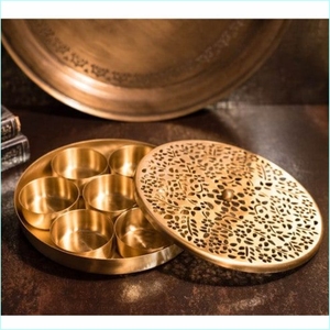 Wholesale Handcrafted Brass <b>Spice</b> Box Round Masala Dabba <b>Set</b> with 7 Compartments & Spoon Embossed Lid Kitchen Storage Container - Product Image 5