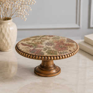 Plato para Pastel Hecho a Mano, Redondo, con Diseño Floral en Mosaico, Borde Dorado, Base Decorativa - Product Image 1