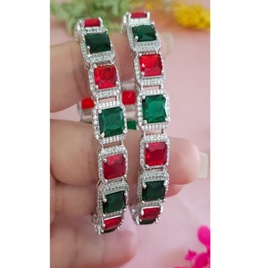 Silver Plated Brass Women's BANGLES with <b>Red</b> Green Moissanite Geometric Design Trendy Party Gift Jewelry - Product Image 1