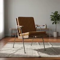Fauteuil lounge vintage en cuir marron cousu main avec structure en bois, pieds en métal, siège rembourré, fauteuil d'appoint moderne pour salon