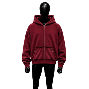 MAROON ZIP UP HOODIE MEN OVERSIZED STREETWEAR SWEATSHIRT VINTAGE WASHED TEXTURED <b>HOODED</b> <b>JACKET</b> DARK <b>RED</b> CASUAL PULLOVER ALTERNAT - Product Image 1