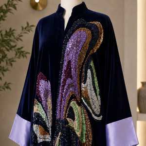 Luxury Elegant Navy Blue Velvet <b>Kaftan</b> Multicolor <b>Sequin</b> Embroidery | Designer Open Front Islamic Abaya Floor Length Long Sleeve - Product Image 4
