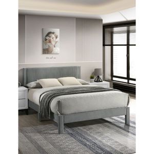 1pc Contemporary Light Gray <b>Bed</b> Queen <b>Platform</b> Plush Upholstered Headboard Low Profile <b>Frame</b> Ribbed Texture Unobtrusive Legs - Product Image 2