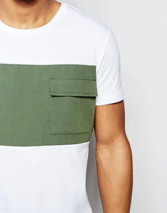 T-shirt à manches courtes pour homme, blanc et vert olive, à blocs de couleur, col rond, coupe classique, jersey en coton tricoté décontracté - Product Image 5