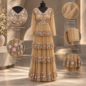Sophisticated Floral Embellished Evening Gown V Neck Sheer Long Sleeves Tiered <b>Skirt</b> | Champagne A-Line Floor <b>Length</b> Party Dress - Product Image 5
