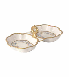 Luxury Bone China Double-Section Serving Dish with Elegant <b>Gold</b> Stand , Nuts platter with Golden <b>Rim</b> & Premium Floral Design - Product Image 1
