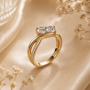 0.5 CTW Round Cut Moissanite Diamond <b>Two</b> <b>Stone</b> Bypass <b>Ring</b> in Yellow Gold | Modern Crossover Promise <b>Ring</b> for Women - Product Image 2