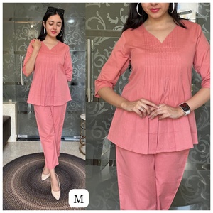 Conjuntos Casuales para Mujer, Cuello en V, Color Liso, Manga Corta, Top y Pantalones de Pijama, 100% Algodón, Cintura Elástica - Product Image 3