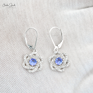 High Polish Finish <b>Leverback</b> <b>Earrings</b> Natural 5mm Round Cut Tanzanite & Zirconia Wedding Anniversary Dangler <b>Earrings</b> Quick Ship - Product Image 4
