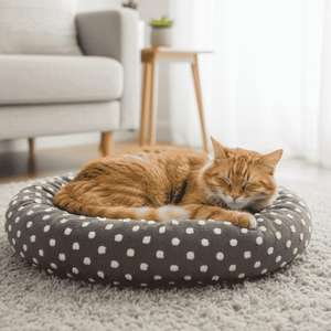 Coussin rond pour animaux de compagnie Yommy pour chiens et chats, doux, chaud et moelleux avec un motif à pois pour les petits amis - Product Image 2
