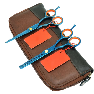 Tijeras Profesionales para Adelgazar el Cabello, Acero Inoxidable, Punta Redonda, Dientes Personalizados, para Diestros, Mango Largo, Plástico Naranja y Azul - Product Image 1