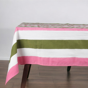 Nappe de table rayée rose, blanche et verte, 100% coton, nappe de mariage, nappe en coton rayée - Product Image 1