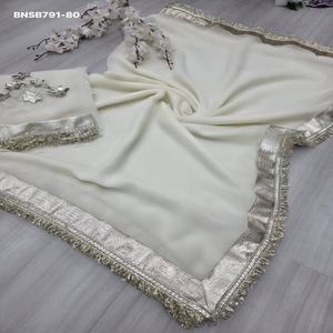 Collection Premium : Dernier modèle de sari en mousseline de soie avec bordure décorative, ensemble de chemisier de créateur, bleu, Needle Exports Bollywood - Product Image 1