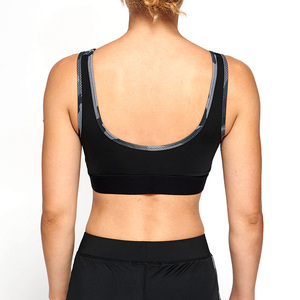 Women's White Yoga Sports <b>Bra</b> With <b>Blue</b> Contrast Band Scoop Neck Racerback Medium Support Breathable Seamless Design - Product Image 3