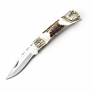 Couteau utilitaire pliant en acier inoxydable avec manche en bois de cerf, étui en cuir personnalisé, couteau de poche EDC de qualité industrielle pour la chasse et le camping - Product Image 1