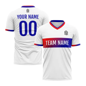 Maillot de football personnalisé col en V manches courtes blanc rouge bleu nom de l'équipe sublimé 100% polyester respirant unisexe adulte uniforme - Product Image 1