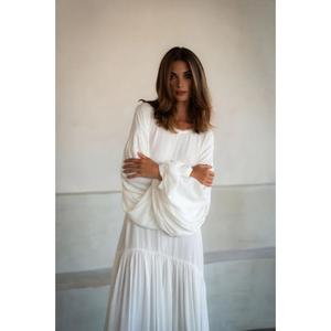 Vestido Maxi Largo Bohemio Blanco Holgado para Mujer, de Manga Corta, Fluido, Elegante, Minimalista, Natural, para Vacaciones - Product Image 6