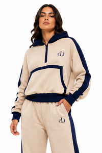 Ensemble de survêtement OEM pour femme, beige et bleu, avec sweat à capuche zippé, poches et pantalon à bandes contrastantes, logo personnalisé, coupe décontractée - Product Image 4