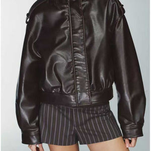 Autumn/Winter New Style Elegant Drop-Shoulder Fashionable Stand Collar Long-Sleeve <b>Zip</b>-<b>Up</b> <b>Jacket</b> Lapel Zipper Placket PU <b>Jacket</b> - Product Image 5