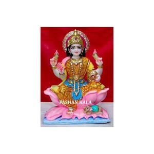 Statue de Laxmi Mata en marbre blanc antique, avec main de bénédiction, en position assise sur un lotus, pour la maison et le temple - Product Image 1