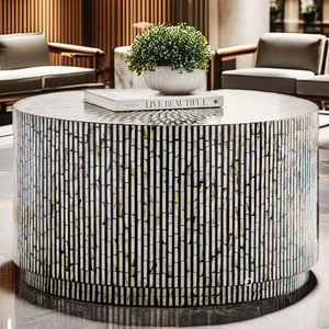 Mesa de centro negra minimalista de lujo hecha a mano con diseño de tira de incrustaciones de hueso y fregona - Product Image 1