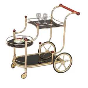 Three‑Tier Gold Rolling Cart with Metal Frame Wooden Tray <b>Shelves</b> Crossbars Mobile Serving Trolley Modern <b>Rustic</b> Storage - Product Image 5