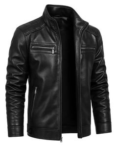 แจ็กเก็ตหนังสำหรับผู้ชาย, เสื้อโค้ทไบค์เกอร์แบบมีซิปรูดด้านหน้า - Product Image 3