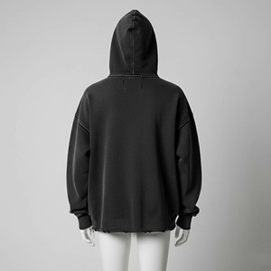 Sudadera con capucha para hombre sin bolsillos, con efecto desgastado por el sol, de corte personalizado, con lavado ácido, bajo sin rematar, con apliques y parches bordados con efecto desgastado - Product Image 2