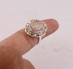 Natural Sparkly Druzy <b>Ring</b> 925 Sterling Silver Vintage Style Raw Crystal Agate <b>Ring</b> for Women Handcrafted <b>Boho</b> Statement Jewelry - Product Image 1