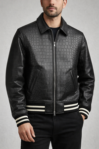 Chaqueta bomber de cuero con estampado de cocodrilo real para hombre, con cremallera frontal, detalles en relieve de piel de vaca y piel de cocodrilo. - Product Image 3