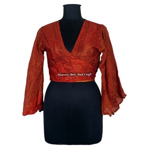 Women's Summer Silk Crop <b>Top</b> With Front Tie & Bell Sleeves Modest <b>Indian</b> <b>Top</b> As Gift For Her Free Size Bell Sleeve Casual Party - Product Image 3