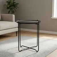 Table d'appoint moderne en métal noir avec plateau rond en bois, table d'appoint minimaliste pour salon, chambre à coucher, décoration de la maison