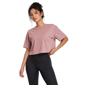 Camiseta Corta Rosa para Mujer, Cuello Redondo, Manga Corta, Corte Holgado, Color Sólido, 100% Algodón Jersey, Ropa Casual para Todas las Temporadas - Product Image 1