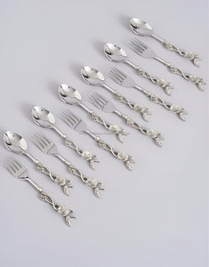 Best Quality Luxury Silver Stainless Steel And Brass Floral Branch Carved Spoon & <b>Fork</b> 12 Pcs Set - Product Image 4