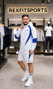REXFIT SPORTS 2026 ชุดเสื้อแจ็คเก็ตกันลมและกางเกงขาสั้นโพลีเอสเตอร์สำหรับผู้ชายแบบกำหนดเอง ชุดกีฬาทีมวิ่งออกกำลังกายแบบมีฮู้ดน้ำหนักเบา - Product Image 6