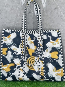 Crane Print Handmade Tote <b>Bag</b> | Quilted Cotton Shoulder Tote <b>Bag</b> In Black, White & Mustard |Large Everyday Travel & Shopping <b>Bag</b> - Product Image 5