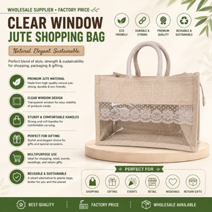 Bolsa de Regalo de Yute con Ventana Transparente, Precio de Fábrica al por Mayor |   Bolsa de Transporte Reutilizable de la Mejor Calidad, Ecológica, para Uso Diario, Premium - Product Image 5