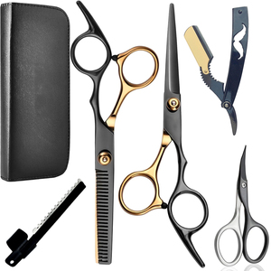Ensemble professionnel de 5 ciseaux de coiffure et d'éclaircissage de 6 pouces en acier inoxydable avec étui à rasoir, personnalisable avec logo OEM - Product Image 1
