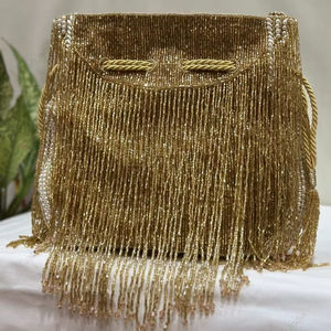 gold beaded fringe potli <b>bag</b> indian fully handcrafted for wedding party bridal festive Luxury Evening Statement clutch for women - Product Image 3
