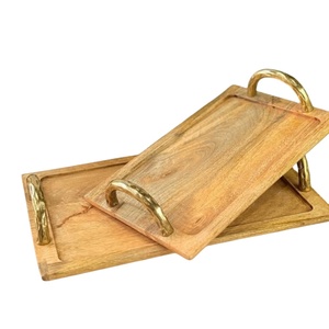 Premium Quality Mango Wood Serving <b>Tray</b> With Classic Design Gold Handle For Food <b>Snacks</b> Serving <b>Tray</b> On Wholesale Supplies - Product Image 1