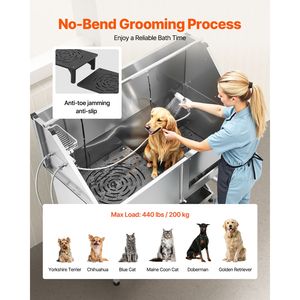 Stazione di lavaggio per cani in acciaio inossidabile da 62 pollici con scale, pannello filtro acqua in PE, rubinetto, soffione doccia e sapone per toelettatura esterna di animali domestici - Product Image 4