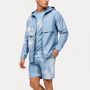 2026 Trendy <b>Men</b>’s Sky Blue Abstract Print Hooded Windbreaker <b>Jackets</b> OEM <b>Lightweight</b> Outdoor Shell Coat for Wholesale Sportswear - Product Image 5
