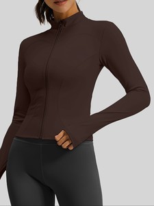 Haut de yoga pour femme à col montant uni, manches longues, fermeture éclair sur le devant, respirant, en Spandex et Polyester, coupe classique - Product Image 1