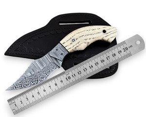Cuchillo Bowie de Hoja Fija de Acero de Damasco de Grado Industrial OEM, Mango de Madera de Fresno, Funda Tipo Pancake, Cuchillo para Caza y Camping - Product Image 1