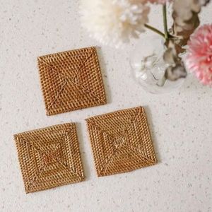 Premium Handwoven Rattan Coaster Set with Holder Natural <b>Square</b> Design for Dining Table Drink Coasters and Home Styling - Product Image 3