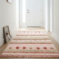 Nouvelle arrivée, tapis rectangulaire rayé artisanal bohème, rose crème, franges, pompons, tapis de maison à prix de gros