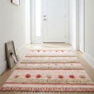 New Arrival Boho Handcrafted Striped Rectangle Area <b>Rug</b> Pink Cream Fringe Pom Pom Tassel Home <b>Rug</b> at Wholesale Price - Product Image 4